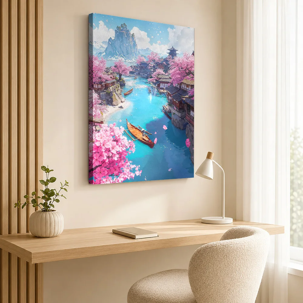 Sakura Fishing Village Canvas Painting Poster Customized Photo Japanese Inspired Wall Art for Office Decor Gift for Collectors