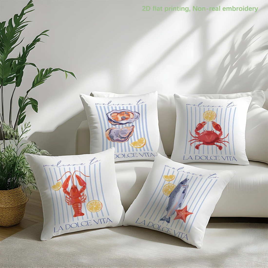 1PC 2D Flat Coastal Seafood Themed Throw Pillow Covers LA DOLCE VITA Nautical Ocean Decor Cushion Cases No Pillow Core