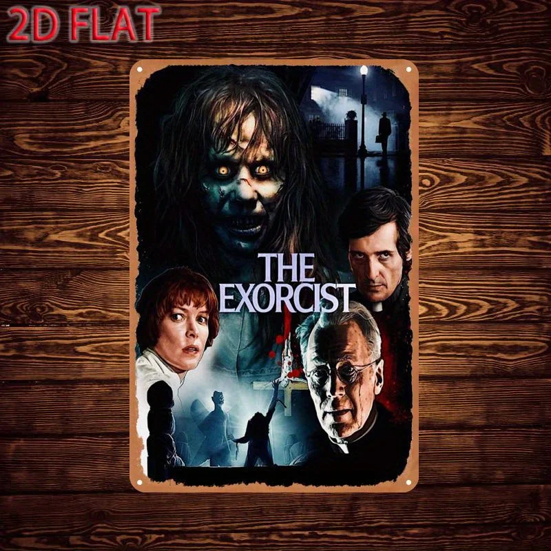 Cartel de película de Metal The Exorcist, letrero de estaño, obra de arte de película de terror Vintage con agujeros preperforados, decoración de pared duradera para Ho