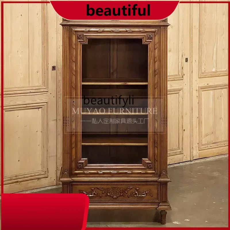 

French retro solid wood glass dining side, high cabinet, guest restaurant tea, locker H