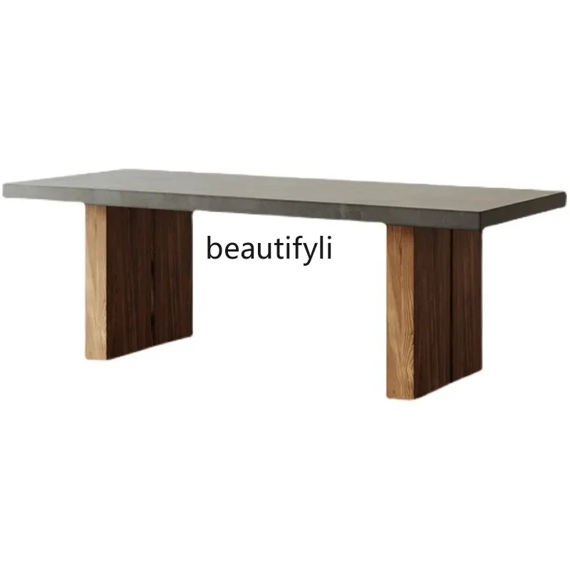 Mesa de comedor gris cemento de imitación de madera maciza, mesa de conferencias de oficina de estilo industrial retro francés, banco de trabajo