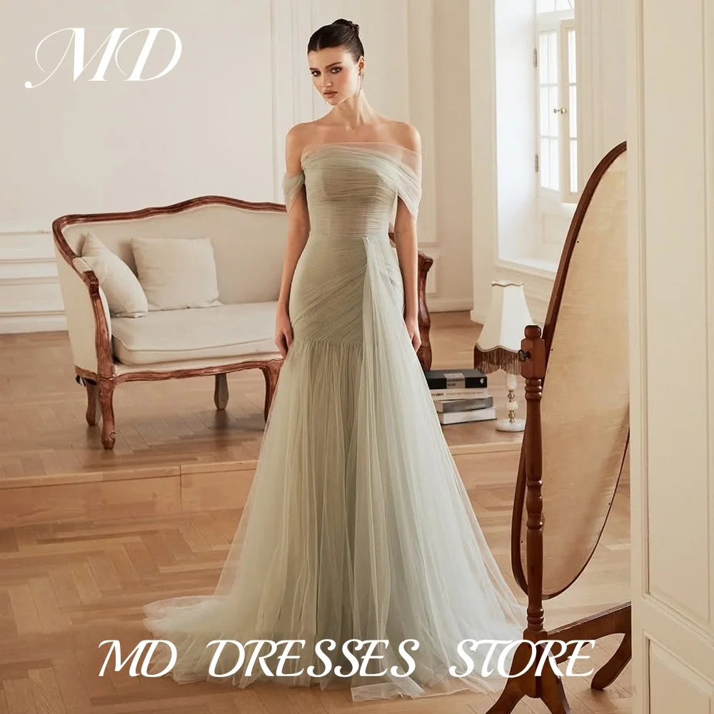 MD Exquisite Bean Paste Green Mermaid Wedding Dress Tulle Pleat Off Shoulder Floor-Length Vestidos Customized 2025 Evening Gown