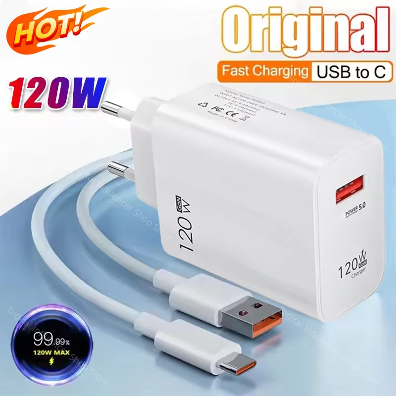 120W Ultra Fast Charger QC 5.0 EU Plug EU/US/UK 6A Type C Cable For IPhone Pro Max Samsung Xiaomi Ra