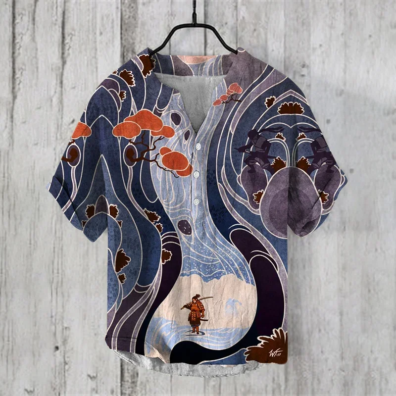 2024 Chinese Men's Summer Cross border 3D Printing Plum Blossom Series Bamboo Linen Short sleeved Shirt Fashion Pullover