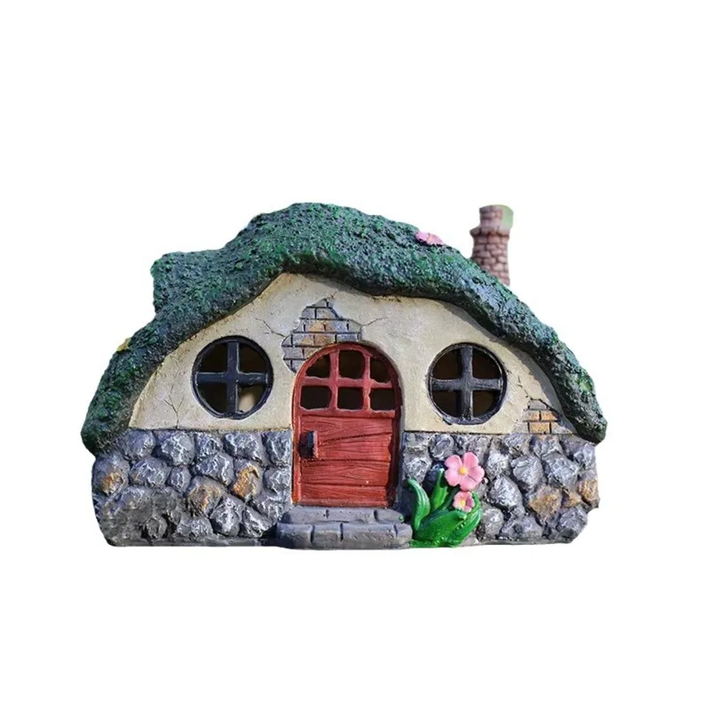 Hand Painted Solar Powered Fairy Garden House Resin Figurine Lights Weather Resistant Yard Decorations Outdoor