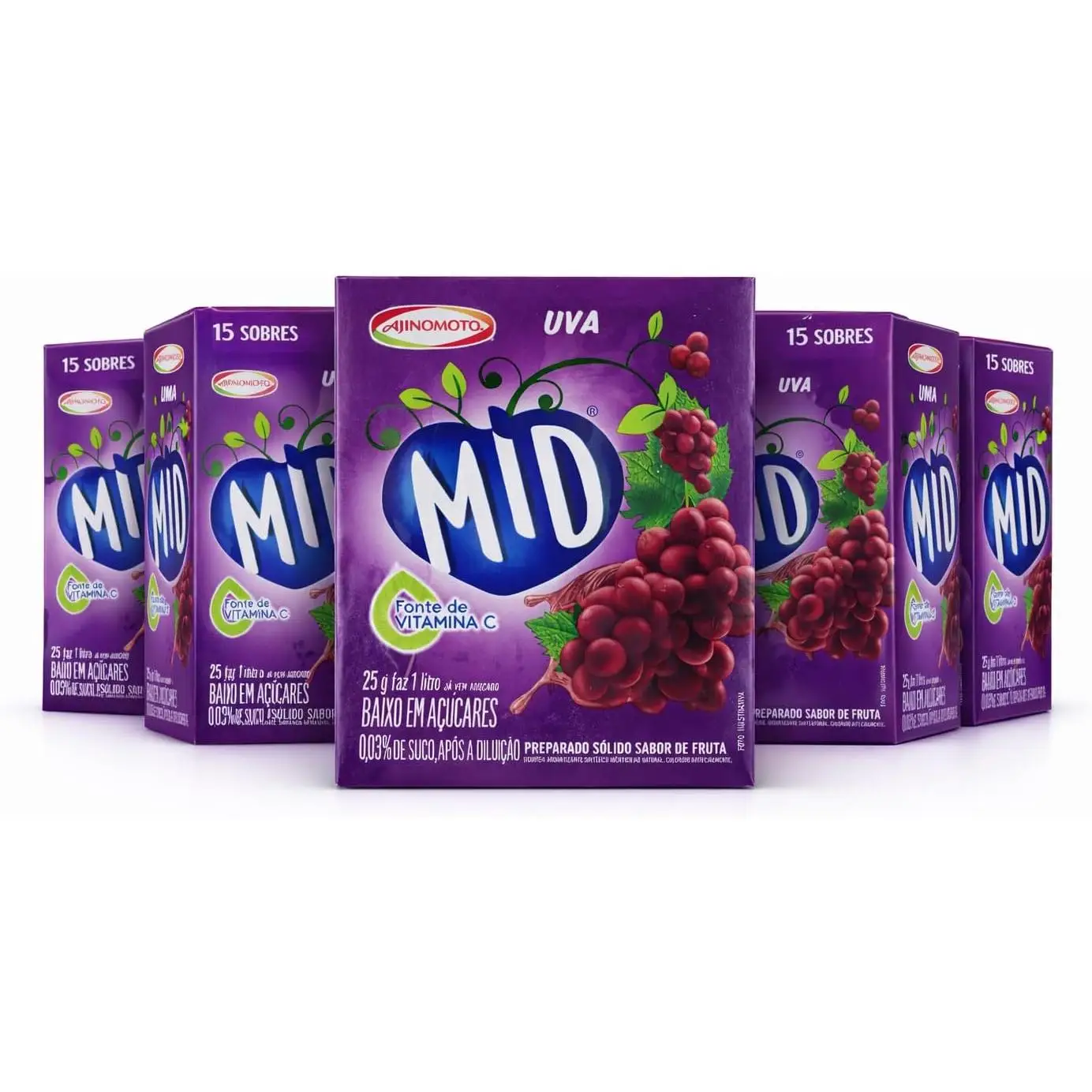 AJINOMOTO MID Bebida en Polvo (15 Sobres) – Sabores Variados: Uva, Naranja, Guaraná, Mango, Fresa, Piña (Abacaxi), Cajú, Goiaba y Vainilla (Baunilha) | Refresco Instantáneo, Bajo en Azúcar, Fuente de Vitamina C, 1L por Sobre