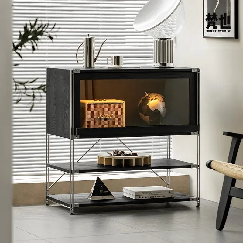Modern Black Solid Wood Floor to Ceiling Display Cabinet with Flap Door Simple Bauhaus Storage Sideboard Shelf Unit