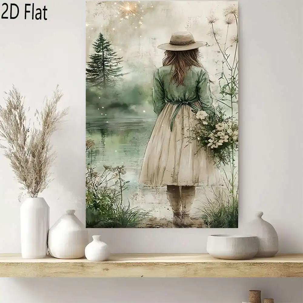2D Flat, 2D Flat, 1pc Frameless Canvas 2D Flat, A Woman in a Green Dress Holding Flowers by The Lake, Viewed from Behind, Tra