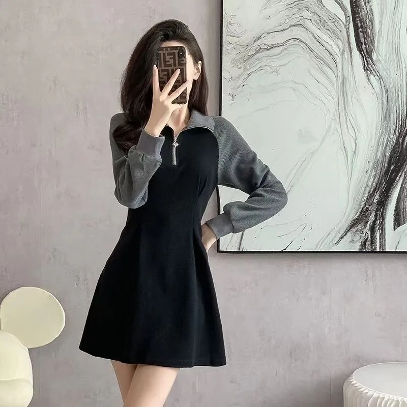 Korean Version Fallow Temperament Long Sleeve Female Autumn and Winter New Little Fellow Short Style Aging Western Style Dresses