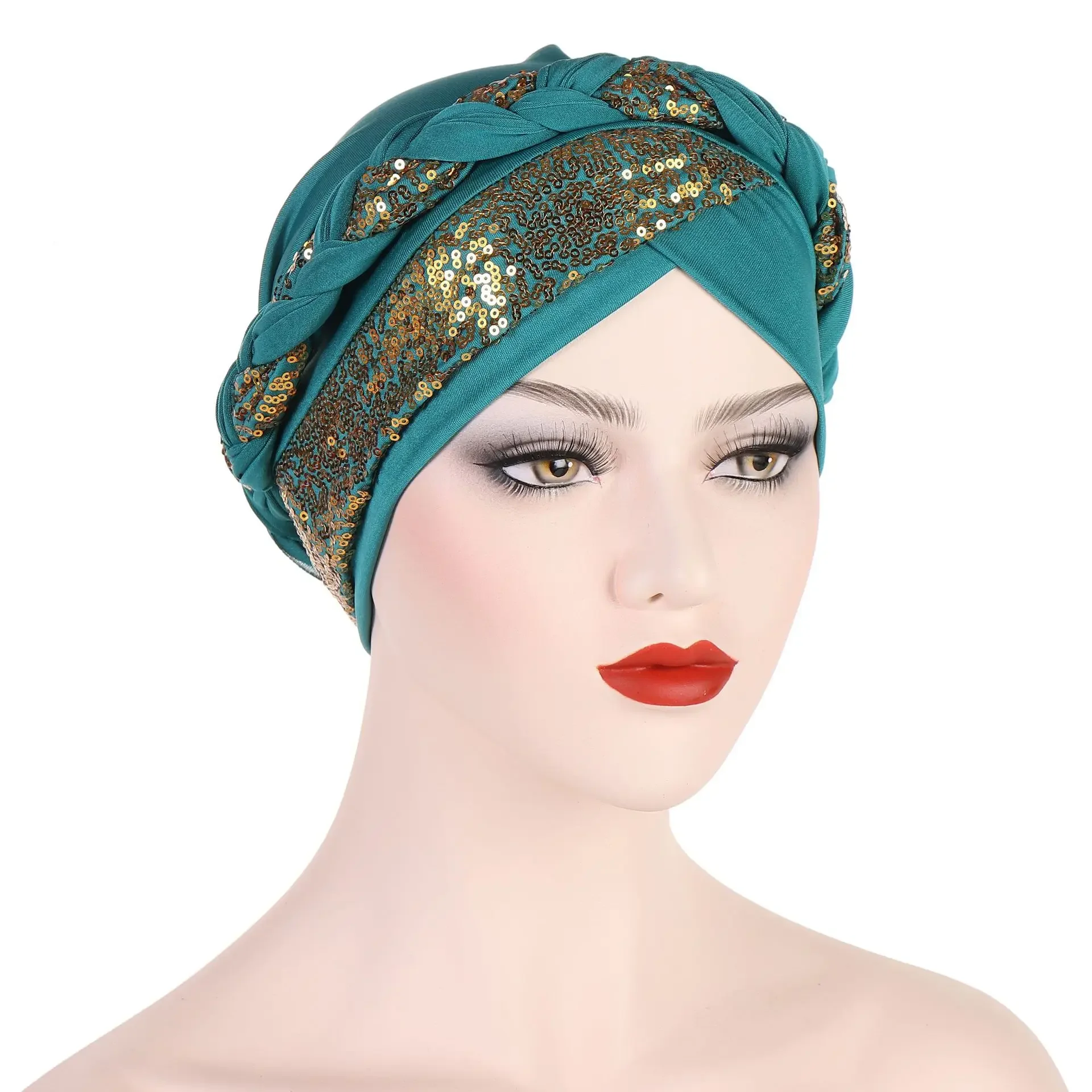 Women Turbans with Braid Decor Sequin Elastic Musilim Hijabs for Women Forehead Cross Islamic Women Ramadan Clothing Headwrap