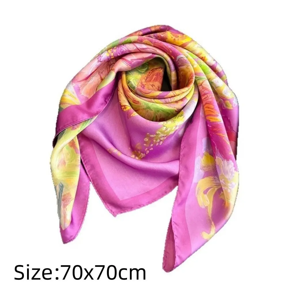 New 70cm Luxury Square Silk Scarf Flower Print Design Silk Feel Women Headscarf Bag Tie Ribbon Lady Headband Bandana