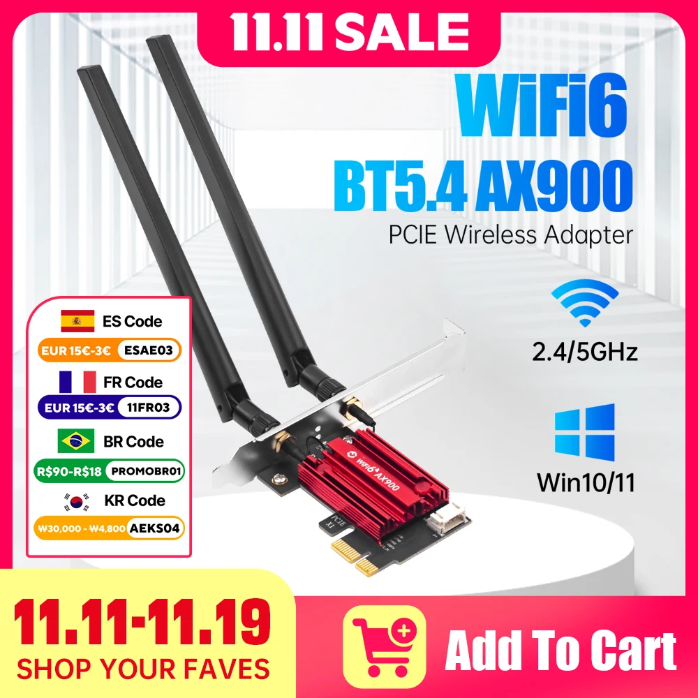 

FENVI WiFi 6 AX900 PCIE WiFi Adapter Bluetooth 5.4 802.11AX 2.4G/5GHz 900Mbps Wireless Network Card for Desktop Win 10/11