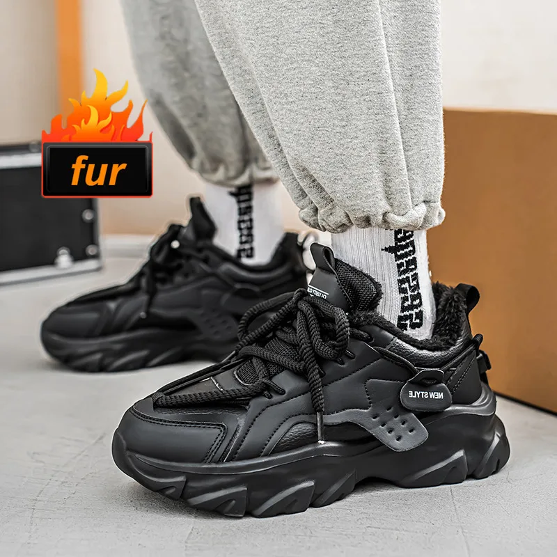 Winter Grey Men's Platform Sneakers Size 39-46 Plush Warm Male Walking Shoes Comfort Non-Slip Men Sports Shoes Zapatillas Hombre