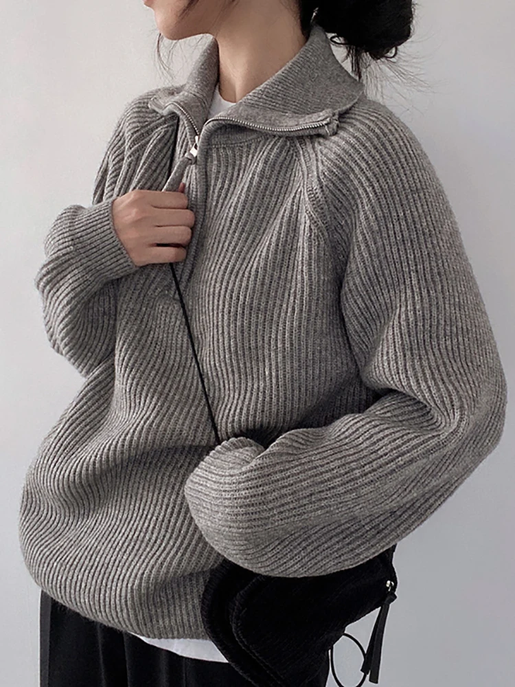 Koreanische frauen Pullover Lose Reißverschlüsse Rollkragen Pullover Warme Solide Pullover Strickwaren Grundlegende Weibliche Tops Herbst Winter 2024