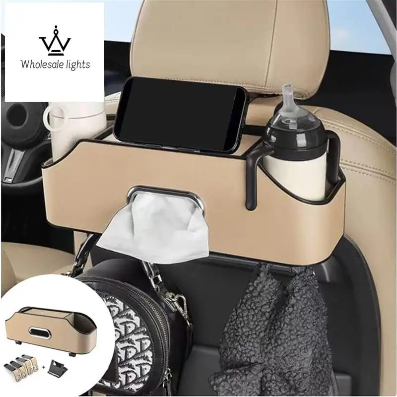 

2X Car Headrest Backseat Organizer With 2 Drink Cup Holder, Cell Phone Holders, Hooks And Tissue Box Accessories - Beige