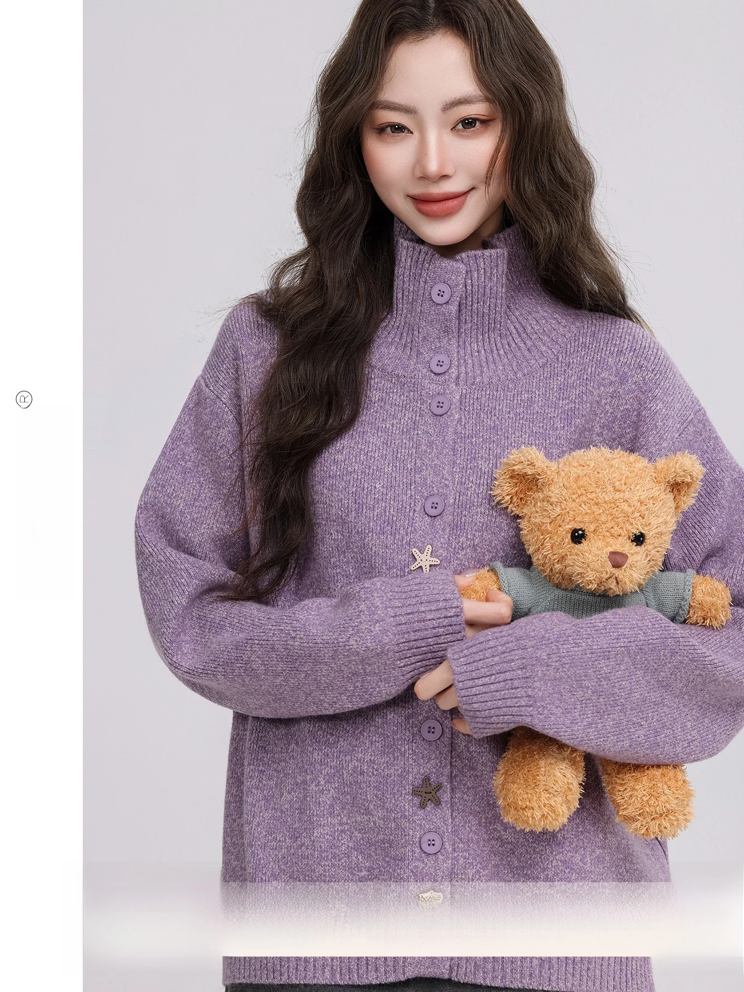 

Retro Loose High Collar Lazy Feel Purple Sweater Cardigan Women's Spring New Sle Soft Long Sve Single Button Closure