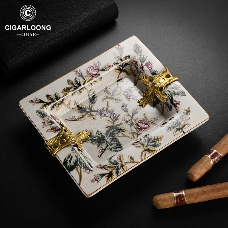 

Ceramic Cigar Ashtray Inlaid Copper Smoke Slots Large Capacity Classical Pattern Multifunction Household Decorations