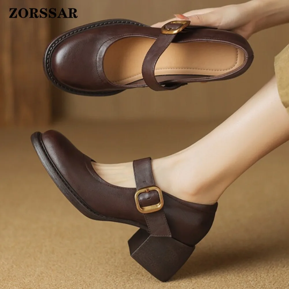 

Женские винтажные коричневые кожаные туфли Мэри Джейн с круглым носком, на массивном каблуке, с золотой пряжкой, элегантные, для офиса, вечеринок и повседневной носки