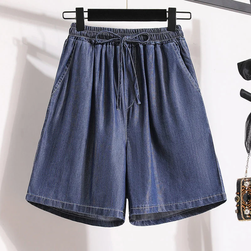 Tencel Denim Shorts Children\'s Summer New Thin Ice Silk Casual Five Point Loose Wide Leg High Waist A-shaped Hot Pants Large