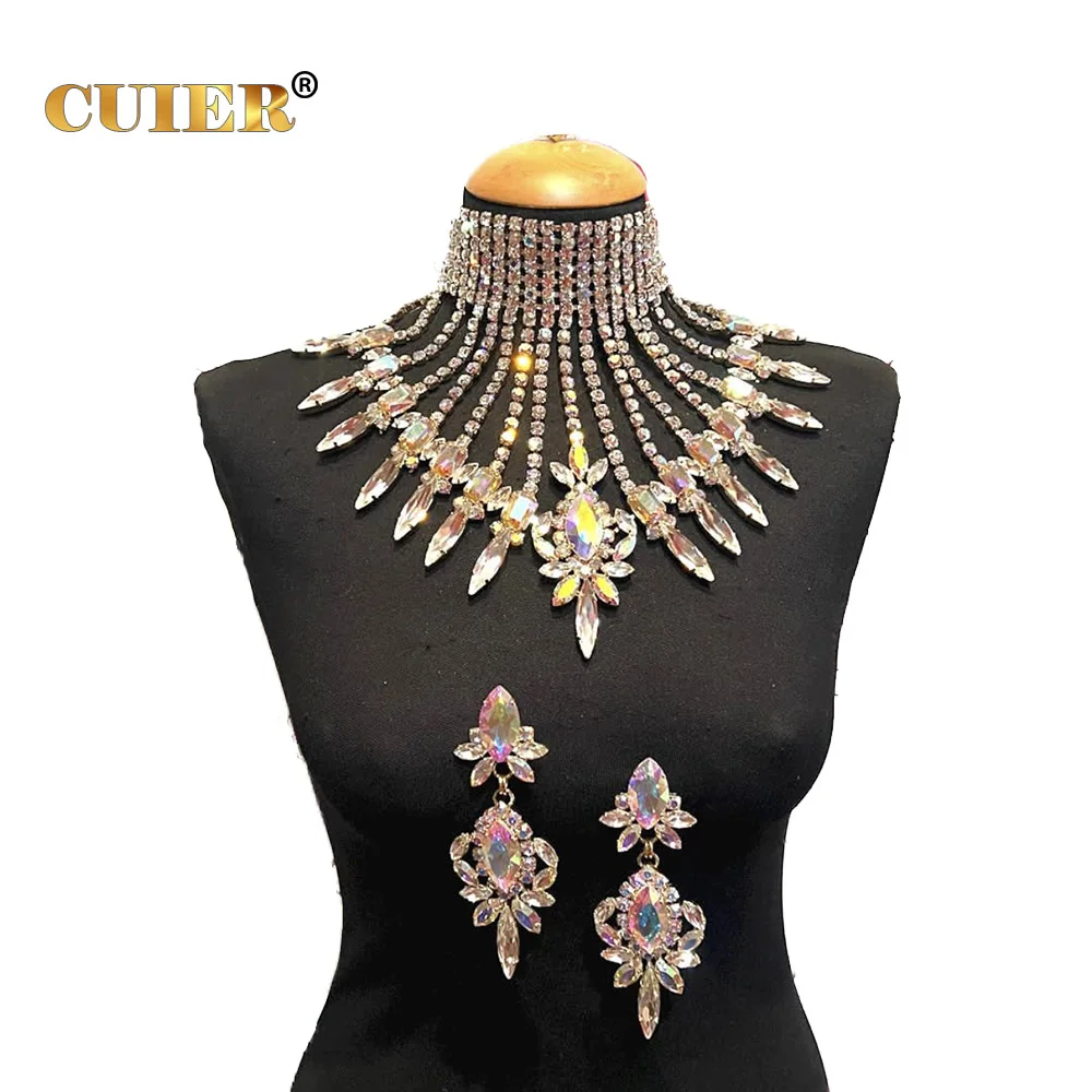 

CUIER Glass Rhinestones Big Pendant Necklace Earring Set for Drag Queen Huge Size Jewelry for Stage