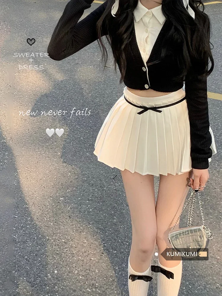 Fake Two Piece Lapel Neck Long Sleeve Knitted Tops Women+ Y2k E-Girl High Waist Ruched Skirts 2024 Spring New   Sets