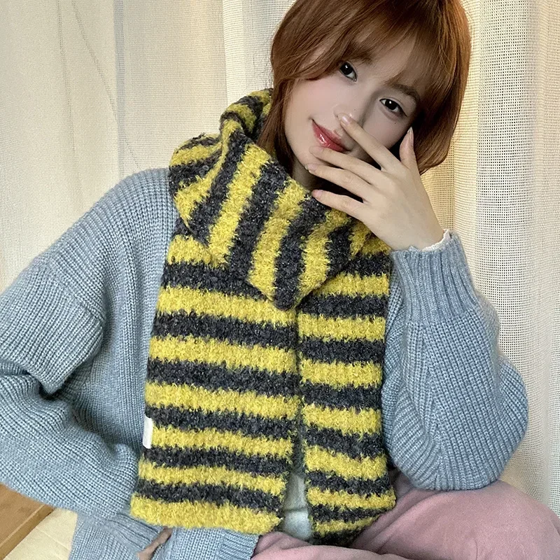 Korean Sle Striped Knitted Scarf Women Winter 2024 New All-Match High-Grade Wool Warm Christmas and New Year Gift