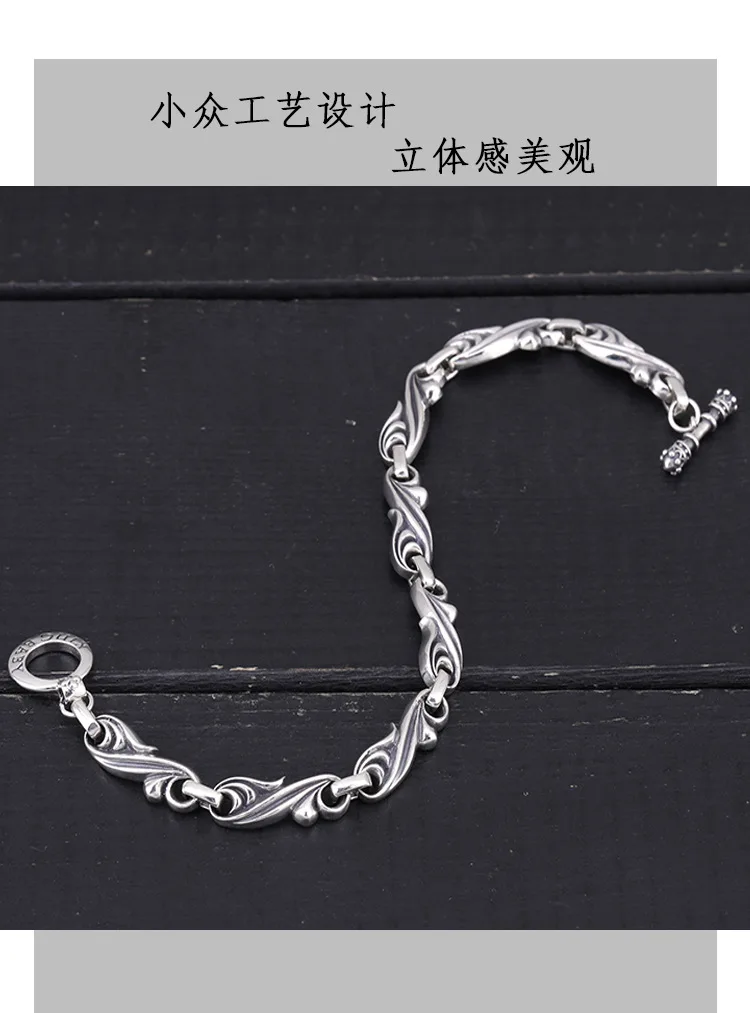 Pure Silver Bracelet Women's Instagram Trendy T-shaped Buckle Pattern Handpiece for Students Retro European and American Men's P