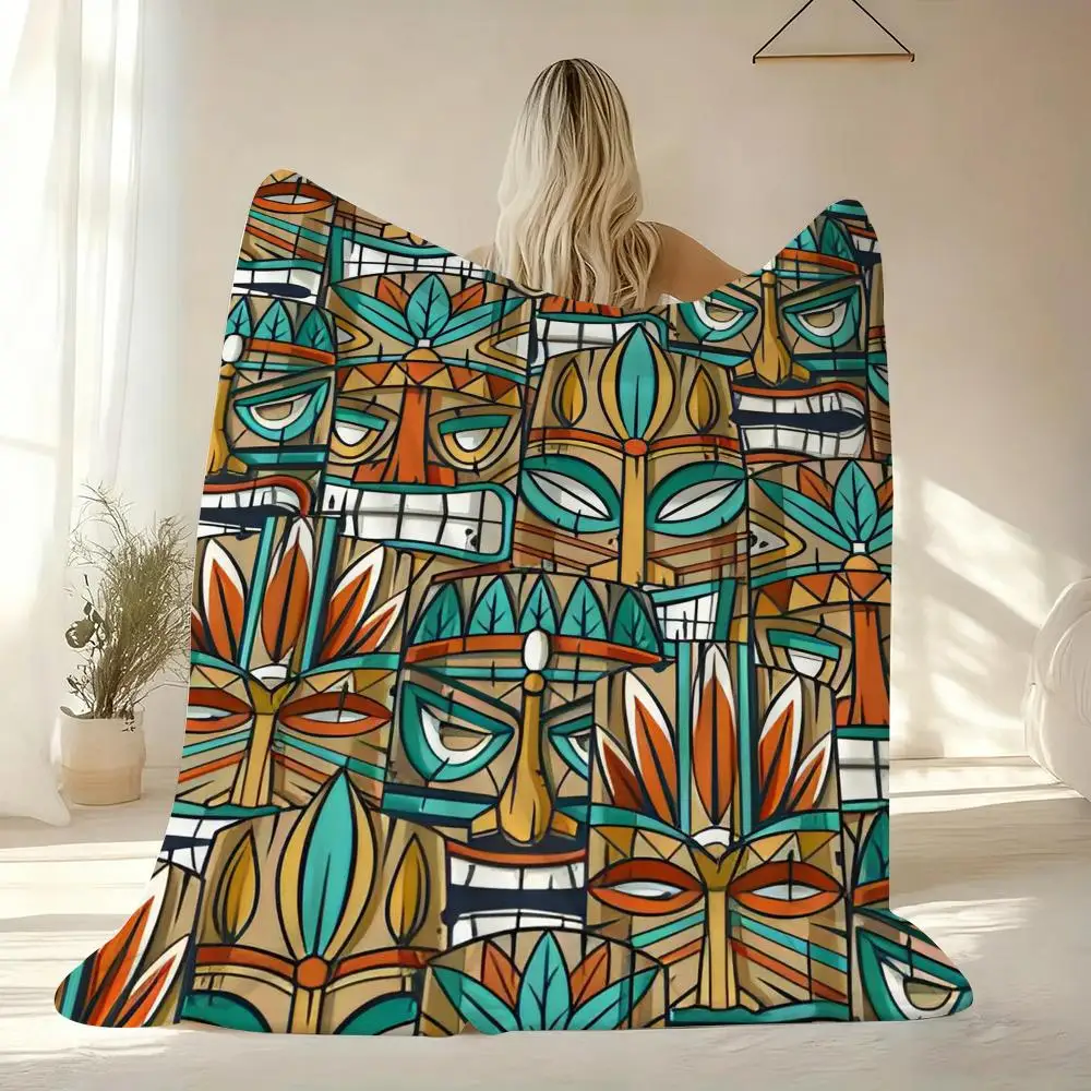 Tiki Mask Throw Lightweight Soft Flannel Throw Blanket Summer Cooling AC Nap Blanket for Sofa Couch Bed Travel