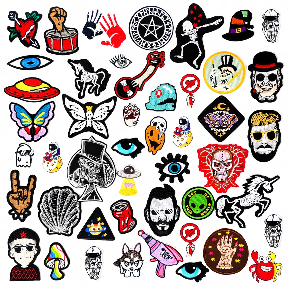 EYE SKULL Patches Embroidery For T-Shirt Iron On Appliques Clothes Jeans Stickers Badges Butterfly Hallucination Mushroom