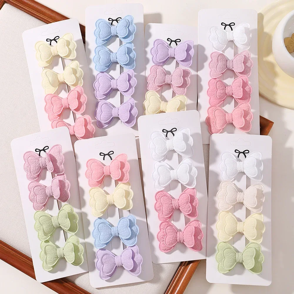 4Pcs/set Candy Colored Hair Clip Set for Girls Double Layered Bow Cute Bangs Hair Pin Cotton Safe Kids Baby Hair Accessories