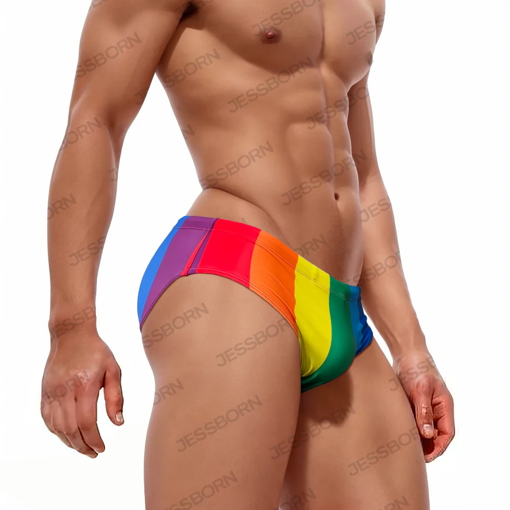 Summer Rainbow Mens Swim Briefs Sexy Gay Low Waist Push Up Pad Swiming Trunks Polyester Quick Dry Bathing Suit Striped Underwear