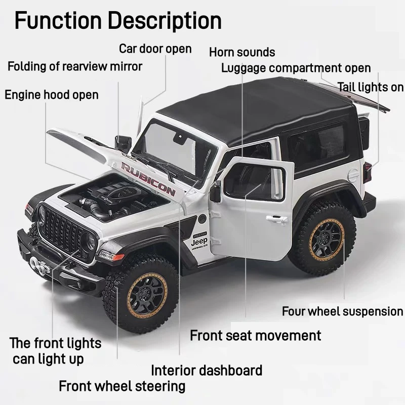 1:18 Jeep Wrangler Rubicon SUV Alloy Off Road Vehicle Diecast Metal Scale Model Car Sound＆Light Collection Childrens Toy Gifts