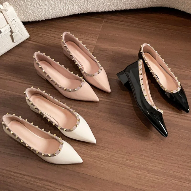 Advanced Temperament Women Pumps Pointed Toe Crude Heel Slip-on Female High Heels Shoes Rivet Decoration Ladies Single Shoes