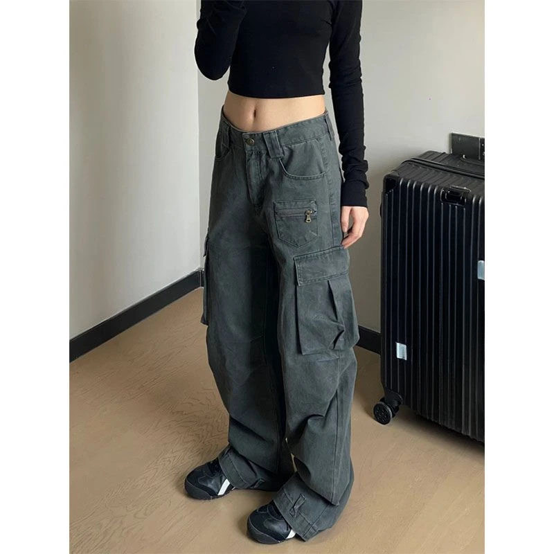 

Side Big Pocket Solid Gray Black Cargo Jeans Straight Leg Women Denim Pant Plus Size boyfriend y2k e-girl fairycore 2000s grunge