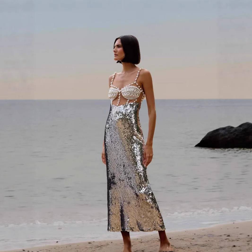 

Luxury Silver Sequins Party Dresses for Women 2025 Summer Pearl Spaghetti Strap Prom Dress Fashion Celebrity Party Wear Outfits