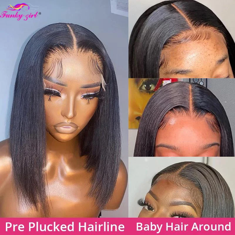 Brazilian Straight Bob Wig Human Hair Lace Front Wigs Pre-Pucked Short Bob Lace Part Wig For Women Glueless Human Hair Wigs