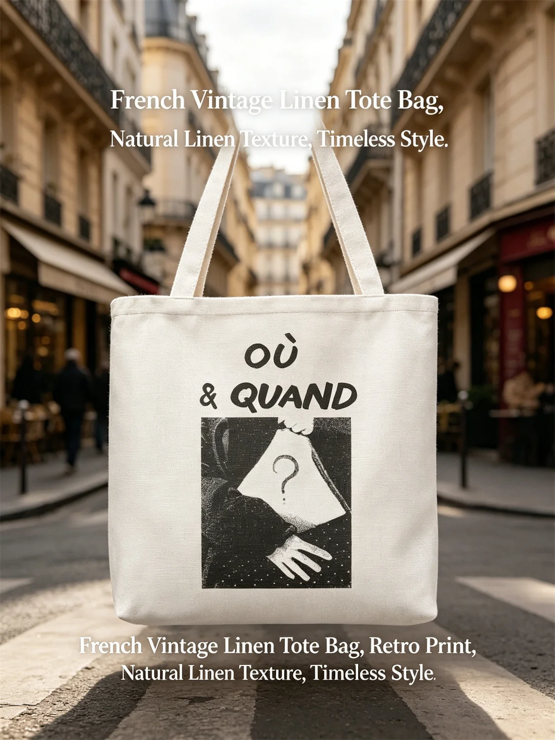 2026 Women's Shoulder Bag, Vintage French Où & Quand Question Typography Art Print Handbag, Stylish Daily Tote Bag for Casual Ca view 4