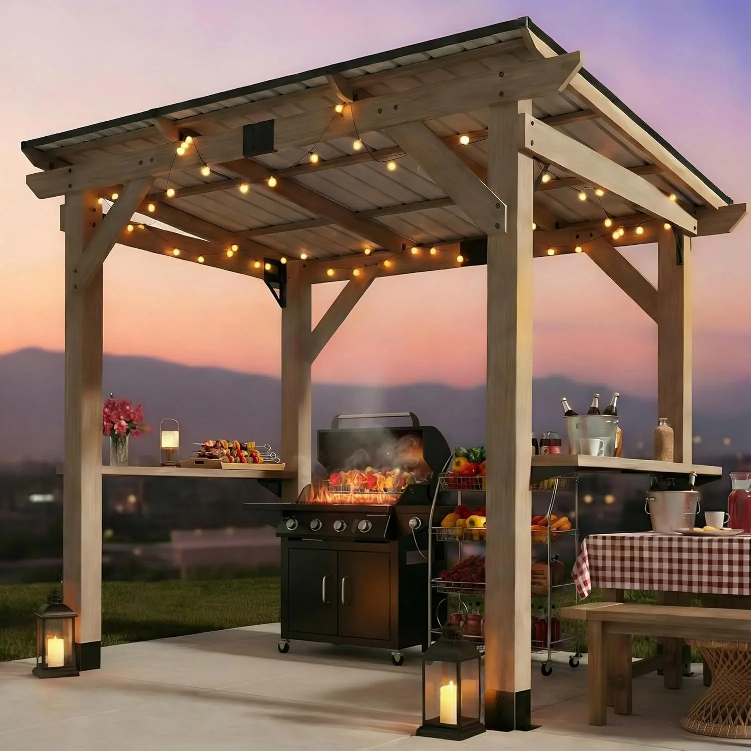 

Беседка-гриль 6 x 8 футов, из кедрового дерева, с 2 толстыми деревянными боковыми полками, стационарный павильон для патио, на заказ