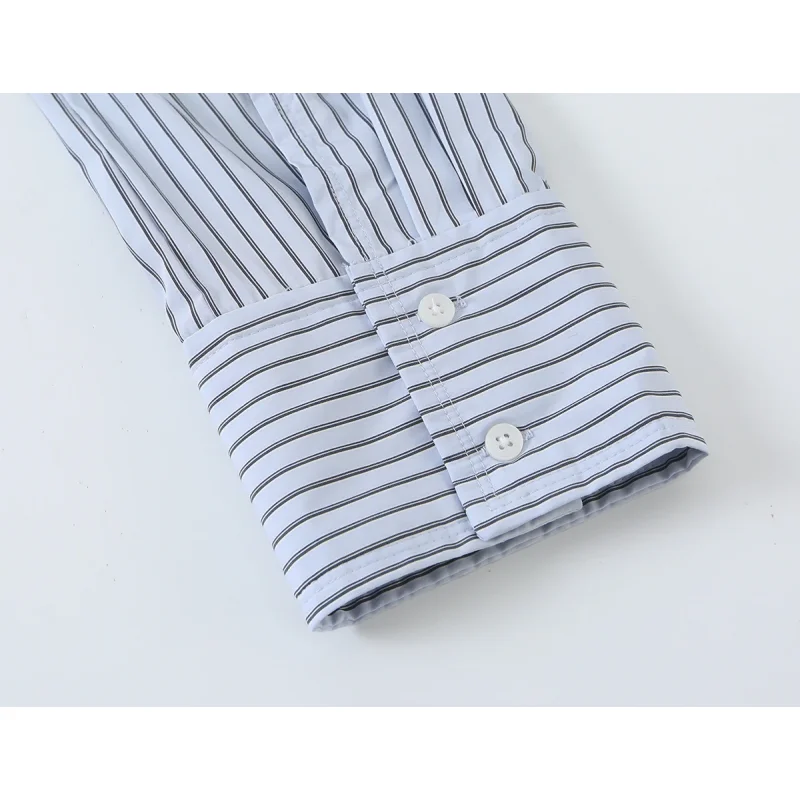 Damen Herbst Hellblaue Vertikal Gestreifte Bluse mit Schleifenkragen, Langen Ärmeln, Knopfleiste, Elegante Büro- und Pendler-Bluse – Detail 9
