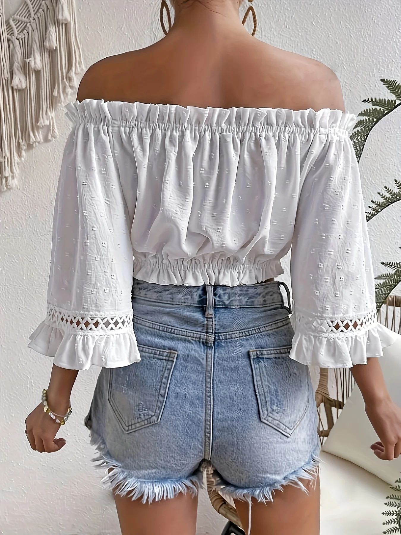 2024 Summer White Clothing Women\'s New Fashionable One Collar Ruffled Half Sleeved Shirt Sexy Elegant Vocation Short Tops