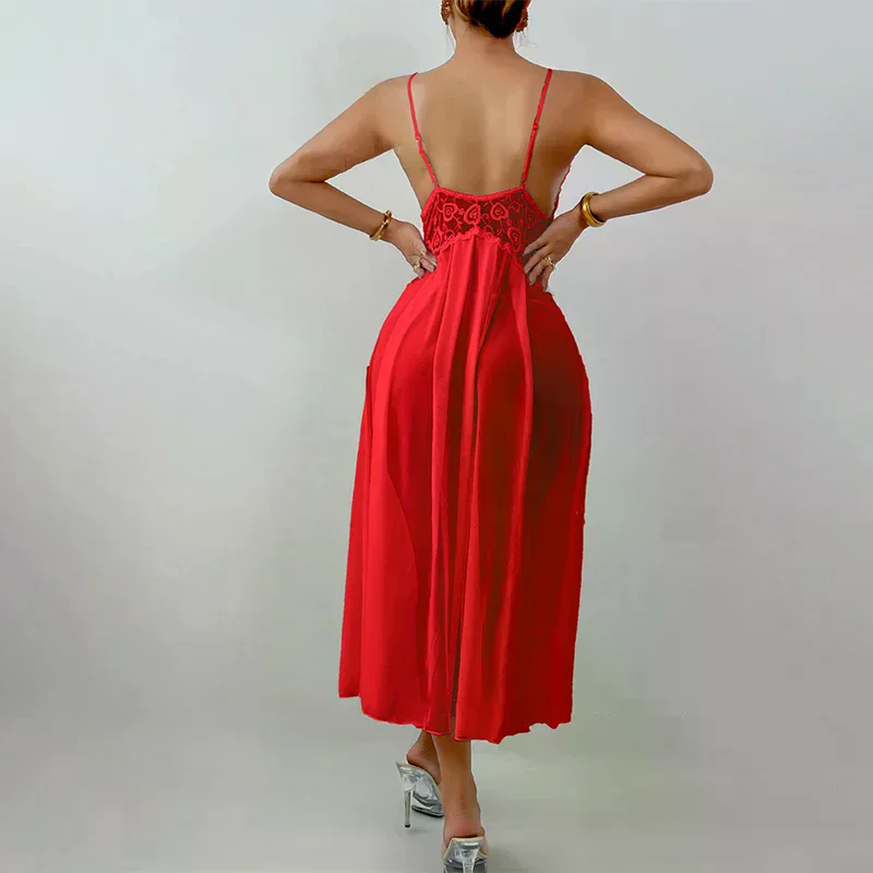 Abito da notte impreziosito da perle Abito da notte sexy con spacco laterale in rete Abito lungo con cinturino in tentazione Bretelle a V profonde senza schienale senza maniche