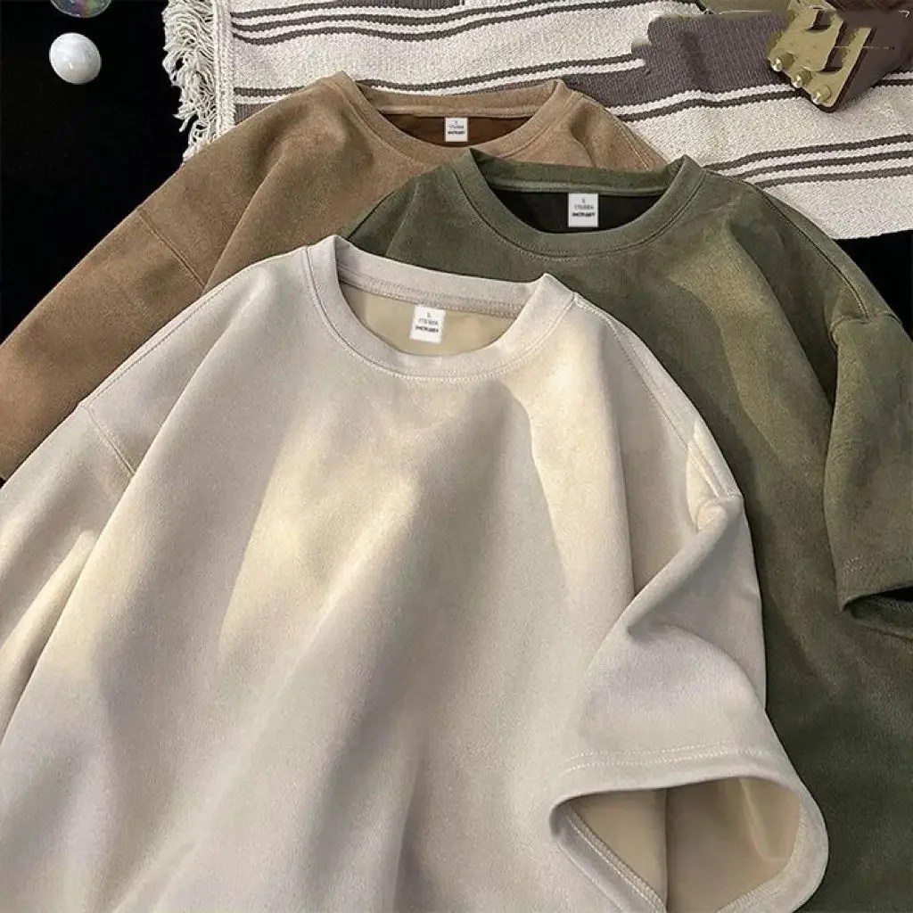 

2025 Suede Short-sleeved T-shirt Men's and Women's Summer American Retro Trendy Couple Loose Solid Color Half-sleeved T-shirt