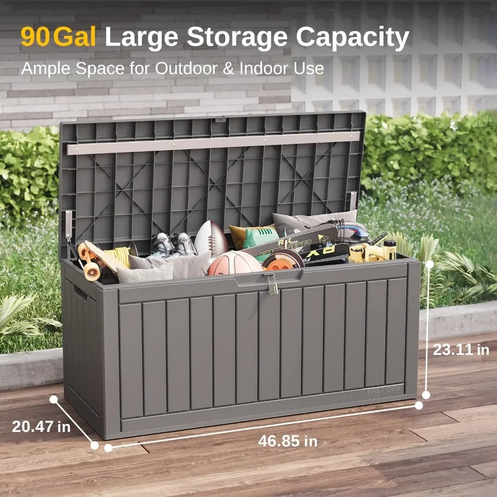 Outdoor Storage Box, 90 Gallon Deck Box, Waterproof Resin Storage Bin for Patio Cushions, Gardening Tools, Outdoor Toys,Lockable