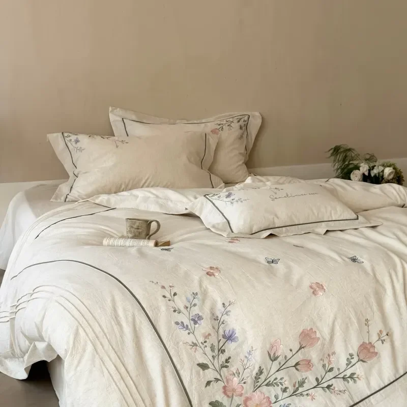 French Style 100% Cotton Bedding 4-Piece Set, Wildflower and Butterfly Embroidery Bed Sheet Set, Soft Washed Cotton Duvet