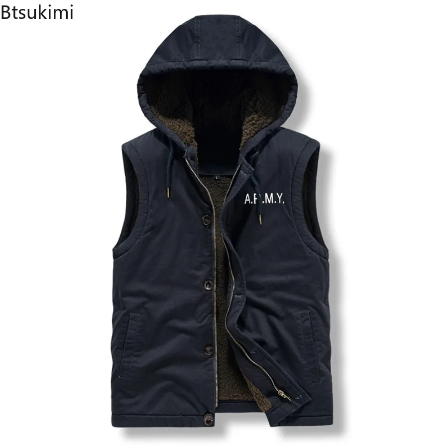 New Men's Autumn Winter Sleeveless Parkas Jacket Outdoor Casual Thicken Lamb Fleece Warm Hooded Vest High-Quality Men Vest Coats