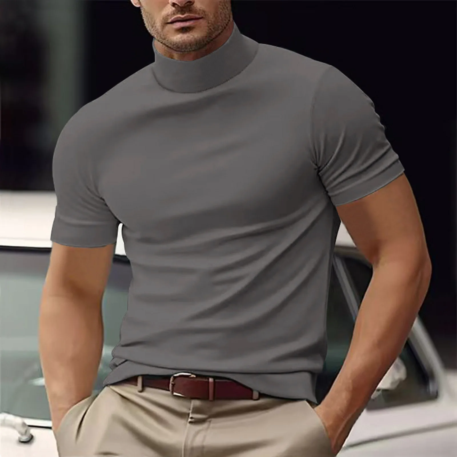 Short Sleeve Tee Men'S Turtleneck Shirts Short Sleeve Pullover Undershirt Slim Fit Top Mens Plain T Shirts Harajuku Streetwear