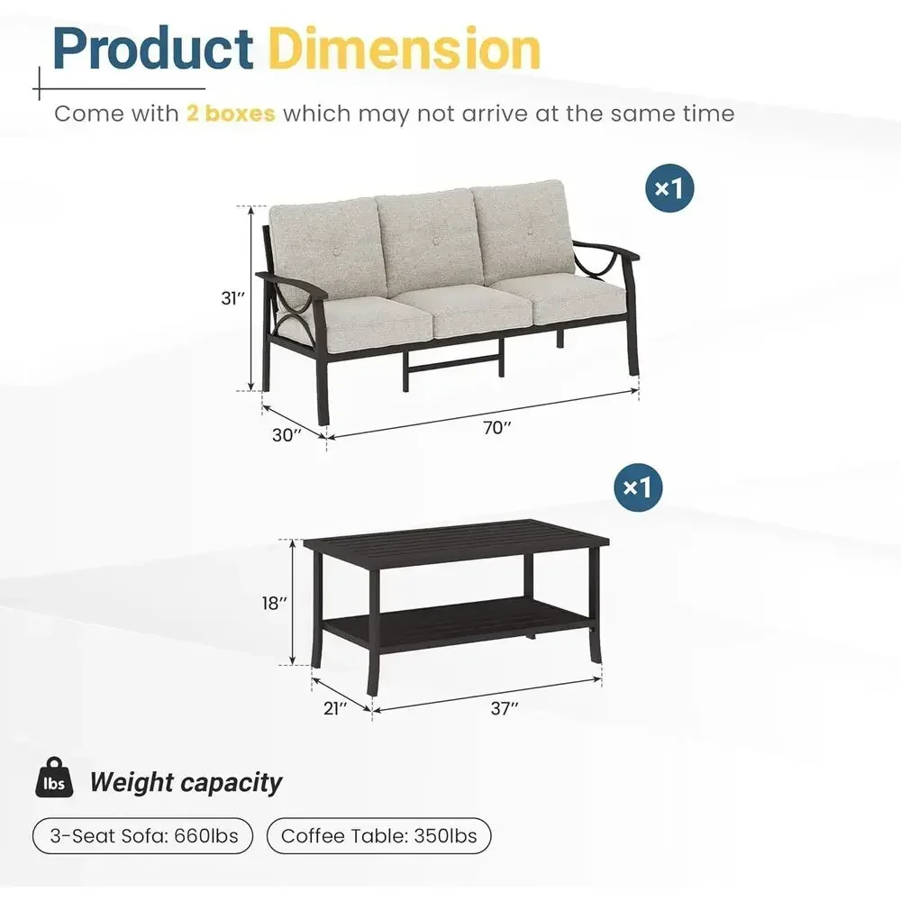 3 Seats Outdoor Patio urniture Set, Outdoor Metal Sectional urniture with Cushions, Outdoor Contion Set with Coee Table or Balco