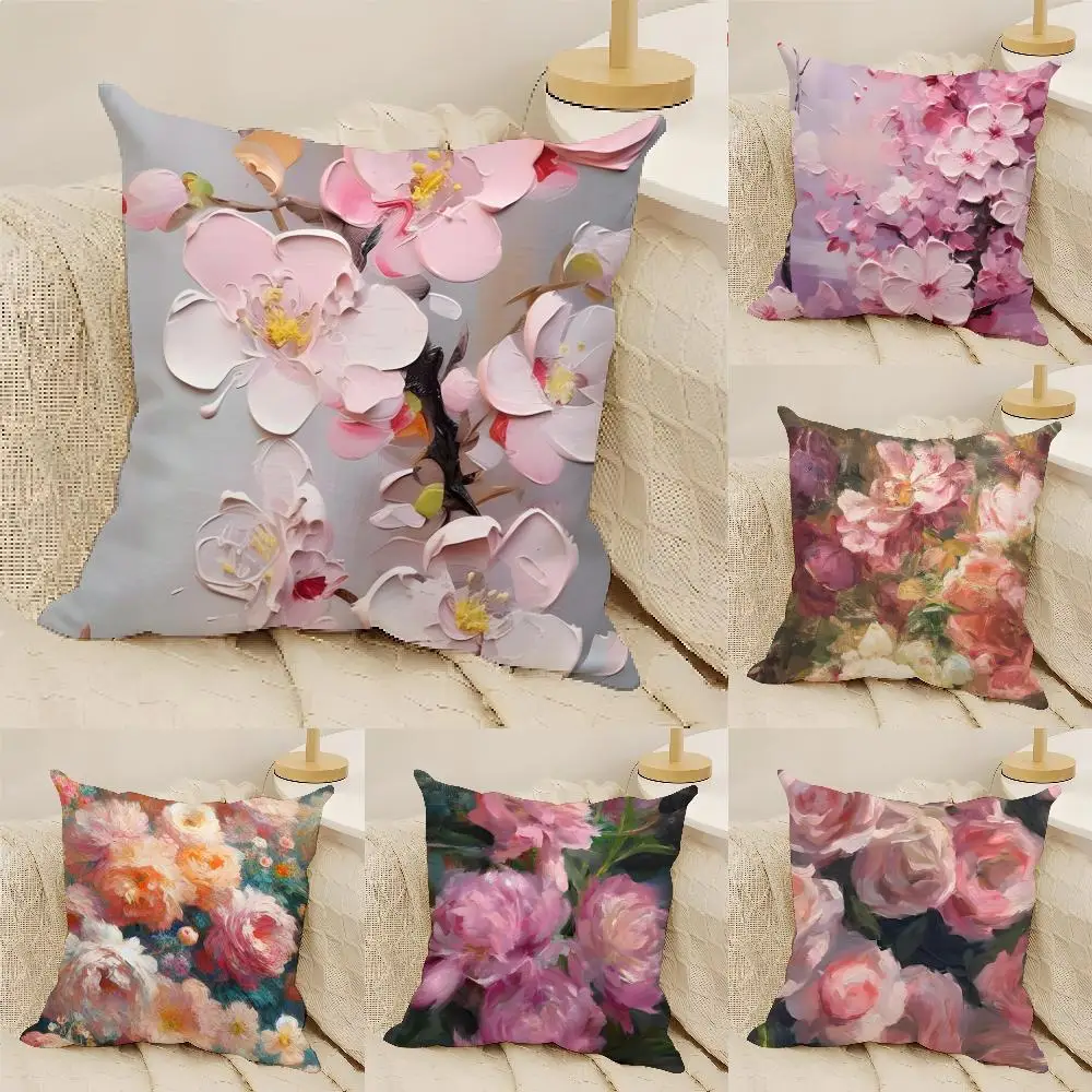 Pink Peony Rose Cherry Cushion Cover Natural Linen Organic Fabric Double-Sided Printing Sofa Home Decor Gift Pillow Cover