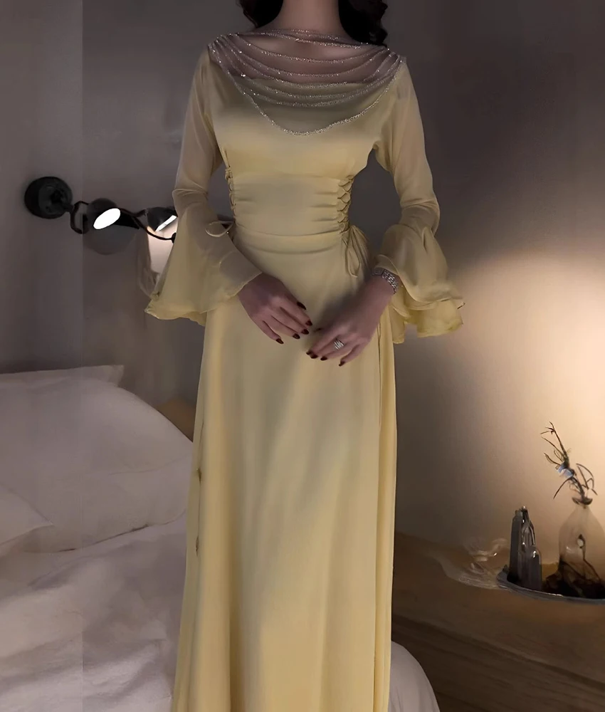 

Customized Graceful Chiffon A-Line Off the Shoulder Sequined Beading Evening Dress Delicate Boat Neck Long Sleeves Party Gowns