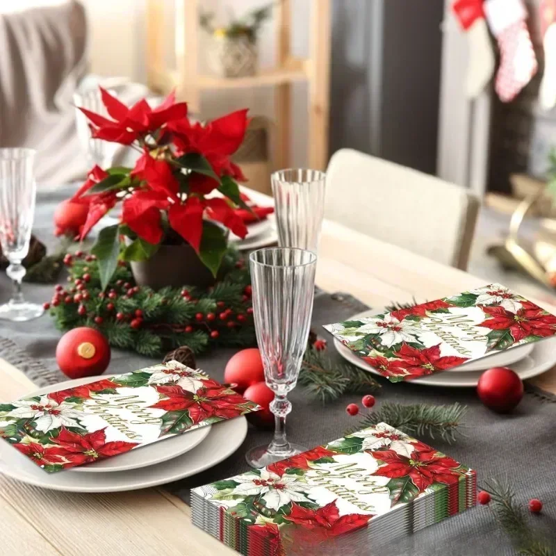 20pcs 34.2*40.6cm 2Layer Long Red Christmas Flower Napkins Christmas Cocktail Napkins Holiday Party Napkins, DIY Decoupage Paper